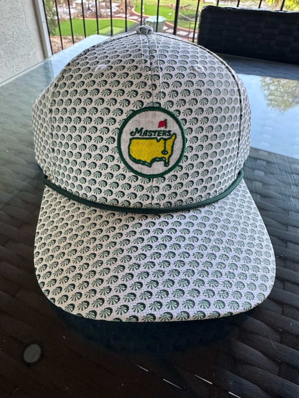 Masters White Hat with Green Pattern and Yellow Logo
